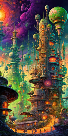 High Resolution: Vibrant intricate steampunk-inspired cityscape with towering structures adorned in colorful domes and spires download. | HRJPG.com