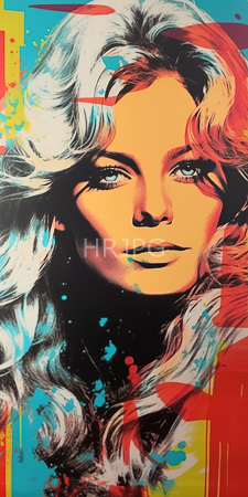 High Resolution: Abstract digital pop art portrait of a young woman with wavy blonde hair and blue eyes against vibrant splashes of reds blues yellows download. | HRJPG.com