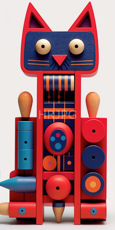 High Resolution: Abstract colorful wooden cat sculpture with geometric patterns and playful design elements download. | HRJPG.com