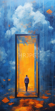 High Resolution: Abstract scene with vibrant colors and surreal elements featuring a solitary figure in purple attire walking through a glowing orange rectangular portal download. | HRJPG.com