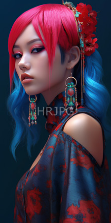 High Resolution: Asian woman with vibrant pink and blue hair wearing red floral-patterned silk clothing download. | HRJPG.com