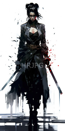 High Resolution: Intense dark-haired woman with double buns in black attire holding two swords download. | HRJPG.com