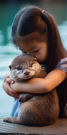 High Resolution: Asian girl with long brown hair in pigtails hugging and gently cradling a small otter against her chest download. | HRJPG.com
