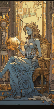 High Resolution: Ethereal blue-skinned woman with wavy blonde hair sitting on ornate golden chair in classical style room download. | HRJPG.com