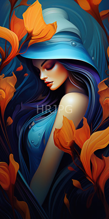 High Resolution: Ethereal woman with long flowing blue and purple hair wearing a light-blue hooded garment amidst vibrant orange flowers download. | HRJPG.com