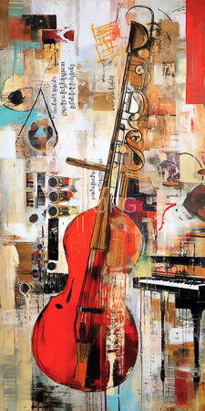 High Resolution: Abstract painting featuring an upright red double bass as central subject surrounded by various musical elements and text fragments download. | HRJPG.com