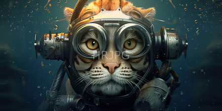 High Resolution: Anthropomorphic tiger with orange and black striped fur wearing large round metal goggles underwater download. | HRJPG.com