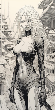 High Resolution: Black-and-white drawing of an attractive woman with cybernetic enhancements standing in ruins of futuristic buildings holding a gun download. | HRJPG.com