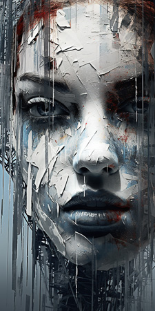 High Resolution: Intense close-up female face with cracked white paint and dripping silver strips over her pale skin download. | HRJPG.com