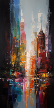 High Resolution: Abstract painting depicting an urban cityscape with vibrant multicolored brushstrokes reflecting on water below download. | HRJPG.com