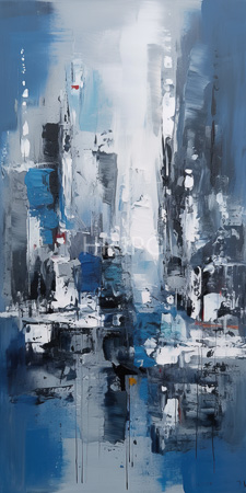 High Resolution: Abstract impressionistic painting featuring bold brushstrokes and textured layers of blue white black gray hues with scattered red accents download. | HRJPG.com
