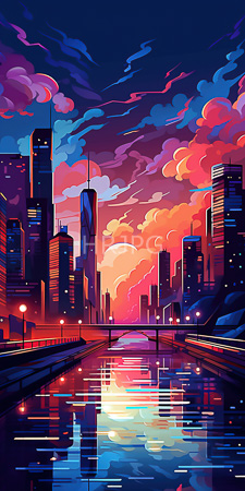 High Resolution: Urban sunset scene featuring vibrant skyscrapers with illuminated windows reflected in calm water below download. | HRJPG.com