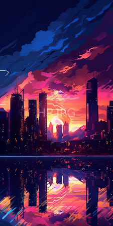 High Resolution: Urban sunset skyline reflected in water featuring vibrant colors of pink orange and purple clouds against dark skyscrapers download. | HRJPG.com