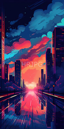 High Resolution: Urban sunset scene with vibrant colors featuring tall skyscrapers on both sides of reflective roads leading to a glowing horizon download. | HRJPG.com