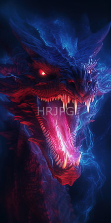 High Resolution: Intense dark blue and red dragon with glowing orange eyes roaring fiercely against a black background download. | HRJPG.com