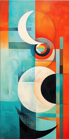 High Resolution: Abstract painting featuring overlapping curved white and black shapes on an orange-red background with turquoise blue accents download. | HRJPG.com