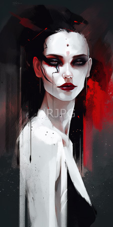 High Resolution: Androgynous pale-skinned figure with dark hair streaked in red paint-like marks on their face download. | HRJPG.com