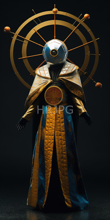 High Resolution: Abstract stylized figure in elaborate attire against black background wearing a metallic helmet with a circular gold halo and orange spheres download. | HRJPG.com