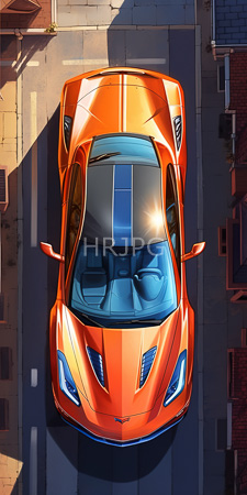 High Resolution: Orange sports car with blue racing stripes parked on a sunlit street between buildings at sunset download. | HRJPG.com
