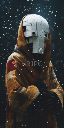 High Resolution: Anonymous figure in winter wearing a white mask resembling Minecraft's Creeper with black eye holes download. | HRJPG.com