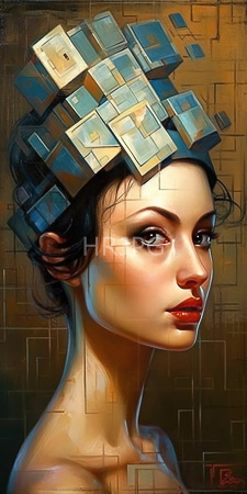 High Resolution: Elegant woman with fair skin and dark hair wearing geometric cubes as her headpiece against a brown abstract background download. | HRJPG.com
