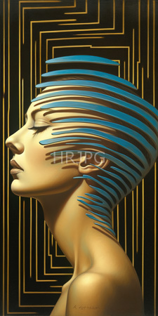 High Resolution: Abstract stylized female profile with smooth golden skin and closed eyes against black background adorned in gold geometric patterns download. | HRJPG.com