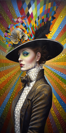 High Resolution: Elegant woman with pale skin green eyeshadow and red lipstick wearing a large black hat adorned with colorful feathers and flowers download. | HRJPG.com