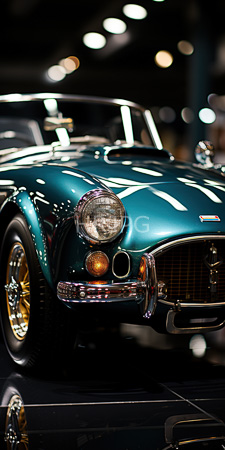 High Resolution: Elegant vintage green convertible car with chrome accents and golden wheels on display in a dim-lit showroom download. | HRJPG.com
