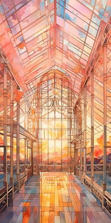 High Resolution: Ornate glass greenhouse at sunset featuring colorful stained-glass panels in pink and orange hues on its roof download. | HRJPG.com