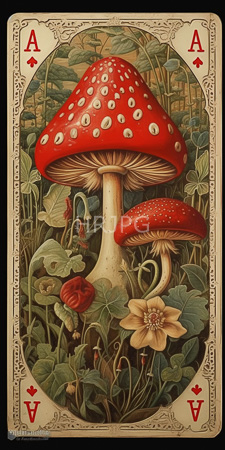 High Resolution: Intricately detailed vintage-style illustration of a playing card featuring two large red-capped mushrooms with white spots download. | HRJPG.com
