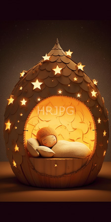 High Resolution: Adorable sleeping child with curly hair and closed eyes in a cozy wooden star-patterned egg-shaped bed download. | HRJPG.com
