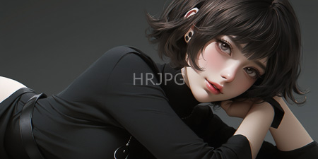 High Resolution: Anime-style young woman with short wavy black hair and fair skin lying on her side against a dark gray background download. | HRJPG.com