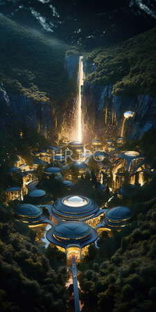 High Resolution: Ethereal futuristic city nestled in lush greenery at the base of towering cliffs with cascading waterfalls download. | HRJPG.com