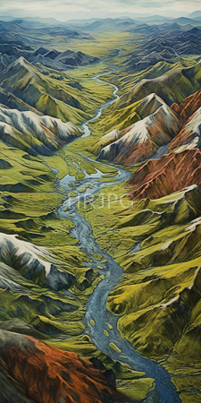 High Resolution: Expansive mountainous landscape with winding blue rivers cutting through green and yellow valleys download. | HRJPG.com