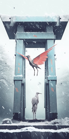 High Resolution: Two cranes in snowy foggy landscape one with red wings mid-flight above an ancient blue-green torii gate download. | HRJPG.com