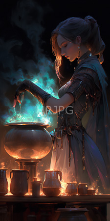 High Resolution: Elegant fair-skinned woman with brown hair in ponytail casting blue magical flames from cauldron download. | HRJPG.com