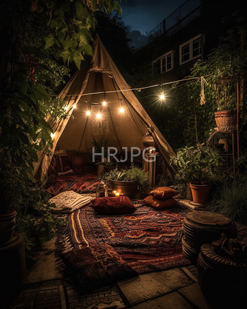 High Resolution: Evening garden scene featuring a beige canvas tent illuminated by string lights download. | HRJPG.com