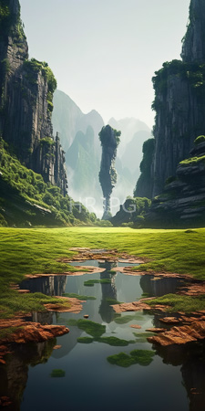 High Resolution: Ethereal landscape with towering lush green cliffs on either side of a narrow valley filled with vibrant grass and reflective ponds download. | HRJPG.com