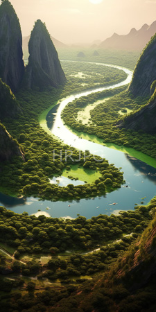 High Resolution: Expansive lush green valley with winding rivers reflecting sunlight amidst dense forested areas and towering rocky mountains download. | HRJPG.com