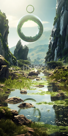 High Resolution: Ethereal lush valley with rocky cliffs and reflective water streams covered in green moss with a glowing circular ring hovering above download. | HRJPG.com