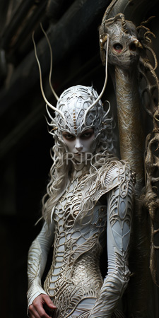 High Resolution: Ethereal white-skinned female elf with intricate silver and gold armor-like clothing featuring swirling patterns download. | HRJPG.com