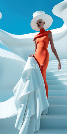 High Resolution: Elegant slender woman with light skin and short blonde hair wearing a striking orange sleeveless dress that flows into voluminous white ruffled fabric download. | HRJPG.com