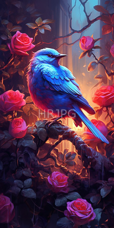 High Resolution: Iridescent blue and pink bird perched on thorny branches adorned with vibrant red roses illuminated by warm orange light download. | HRJPG.com