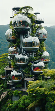 High Resolution: Intricate futuristic treehouse structure with multiple glass-domed pods nestled among lush greenery on mountainous terrain download. | HRJPG.com