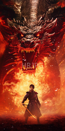 High Resolution: Dramatic Asian warrior with short black hair wearing dark armor and holding a sword standing in front of intense flames download. | HRJPG.com
