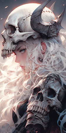 High Resolution: Ethereal pale-skinned woman with long white hair and blue eyes wearing ornate black armor adorned with skulls download. | HRJPG.com