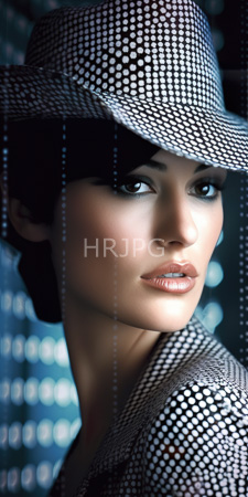High Resolution: Elegant woman with fair skin and dark hair wearing a black-and-white patterned hat matching her coat's texture download. | HRJPG.com