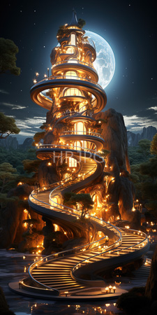 High Resolution: Intricately spiraled glowing golden tower with illuminated windows and winding staircases against a backdrop of towering rocks under a full moonlit night sky download. | HRJPG.com