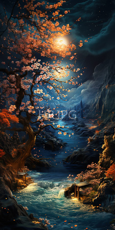 High Resolution: Enchanting night scene with glowing moonlight illuminating pink cherry blossoms on twisted trees and cascading waterfalls download. | HRJPG.com