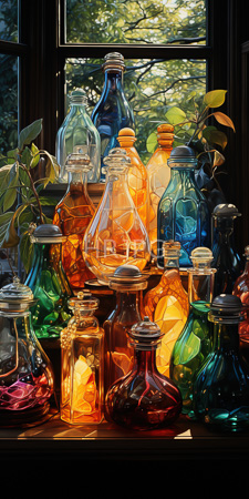 High Resolution: Array of colorful glass bottles and jars filled with glowing orange crystals or lights download. | HRJPG.com